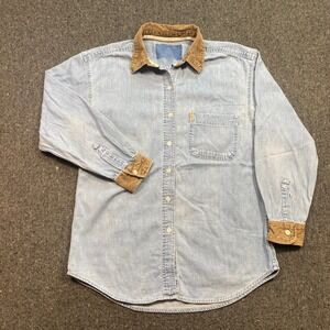 EXP Denim Shirt Sz S Womens Blue Grunge Corduroy Trim Long Sleeve Workwear Top